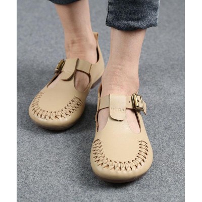 Cowhide Beige Leather Flat Shoes For Women Buckle Strap Hollow Out Flat Shoes