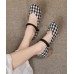 Vintage Buckle Strap Chunky High Heels Plaid Cotton Fabric