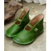 Comfortable Solid Green Flat Feet Shoes Cowhide Leather Upper Buckle Strap Flat Shoes