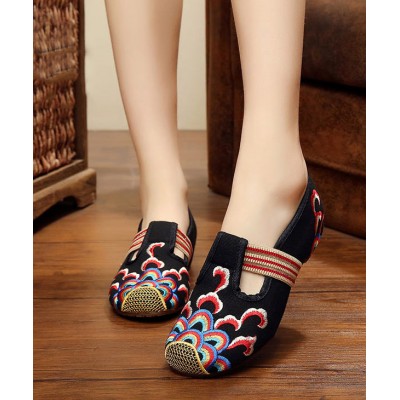 Handmade Black Embroideried Cotton Fabric Flat Shoes