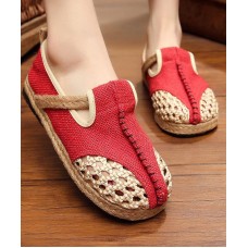 Red Flat Feet Shoes Linen Fabric Casual Hollow Out Flats